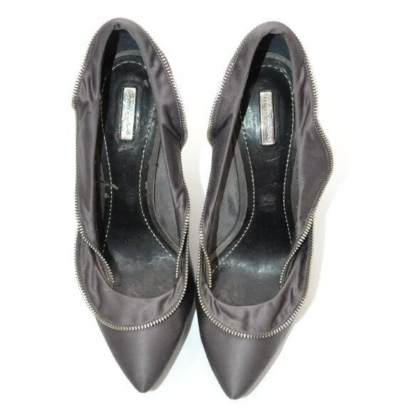 Report Gray Satin Leather & Zipper Ruffle Platform Modern Mod Stilettoes Heels 7 - Picture 8 of 12